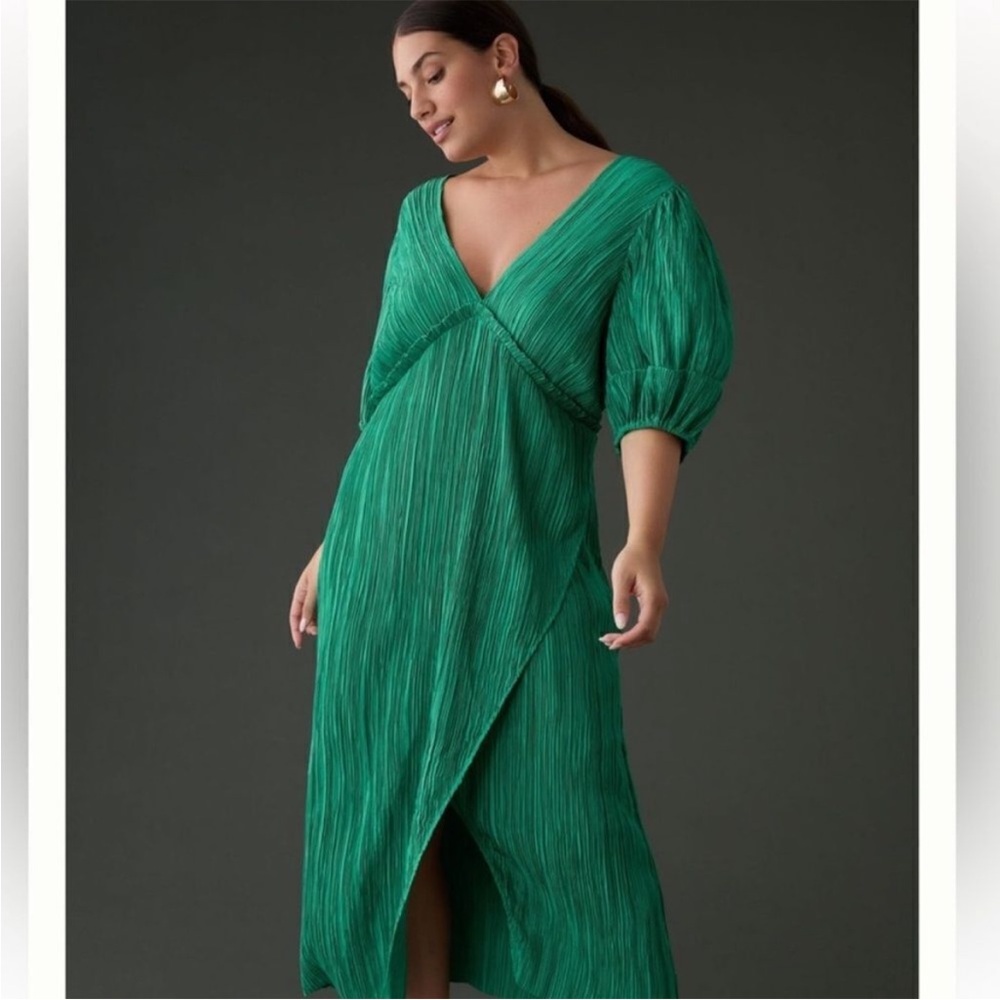 Anthropologie Green Pleated V Neck Midi Dress with Puff Sleeves